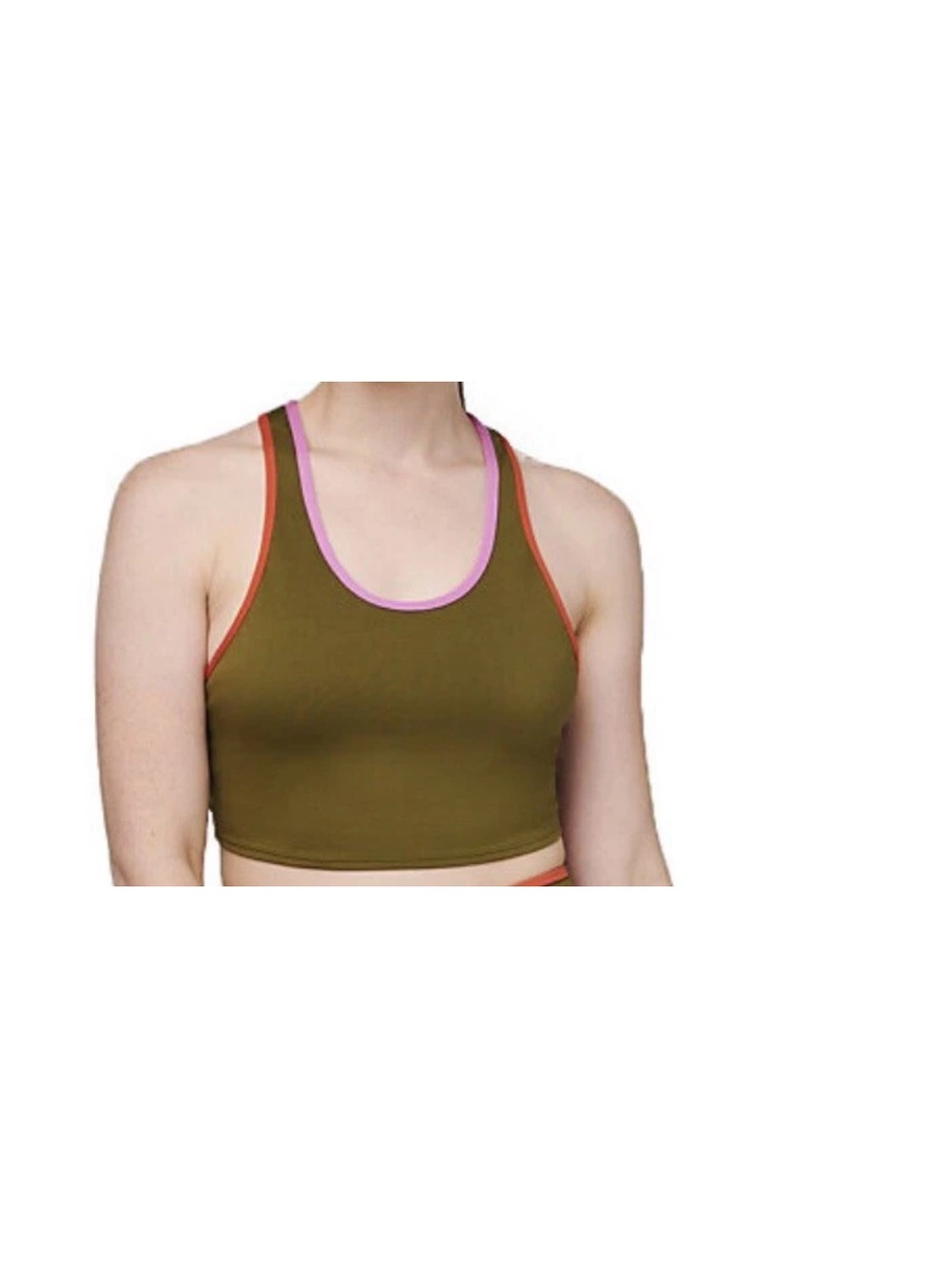 cotopaxi Olive Green Racerback Sports Bra with Pink and Coral Trim